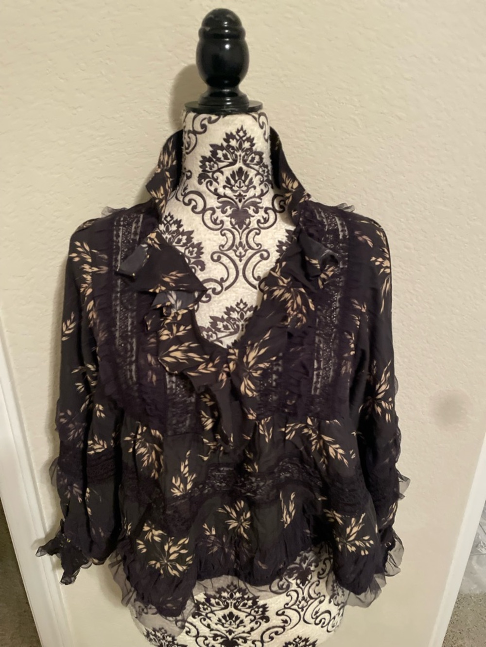 Anthropologie Black Floral Ruffle Blouse